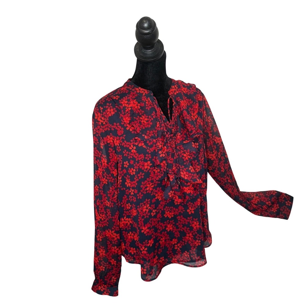 Tommy Hilfiger Red Ditsy Floral Print Chiffon Sheer Long Sleeve Blouse Size S